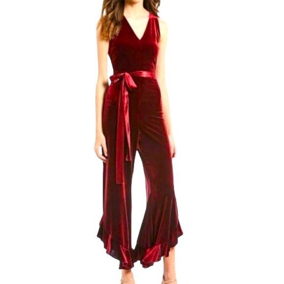 BETSEY JOHNSON Burgundy Velvet Wide Leg Ruffle Jumpsuit Sz 10 Tie Belt Boho NWT - Picture 1 of 13
